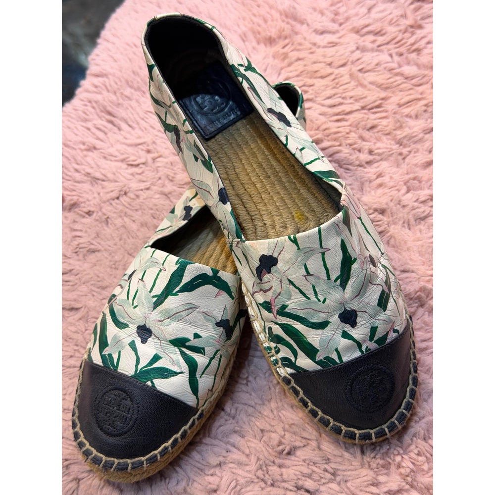 Tory Burch Floral Leather Espadrilles Black Cap Toe Logo Flats Cream Green